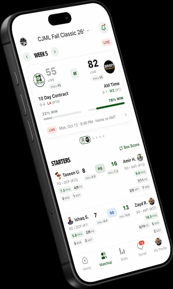 GameGrid matchup screen with a live basketball score