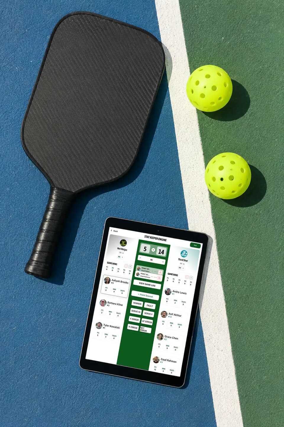 GameGrid Stat Keeper on an iPad on a pickleball court