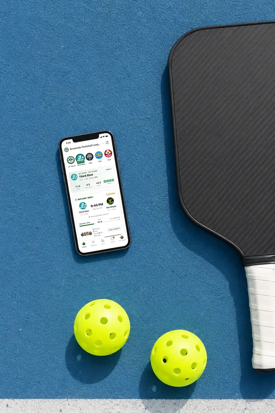 GameGrid league home on an iPhone on a pickleball court