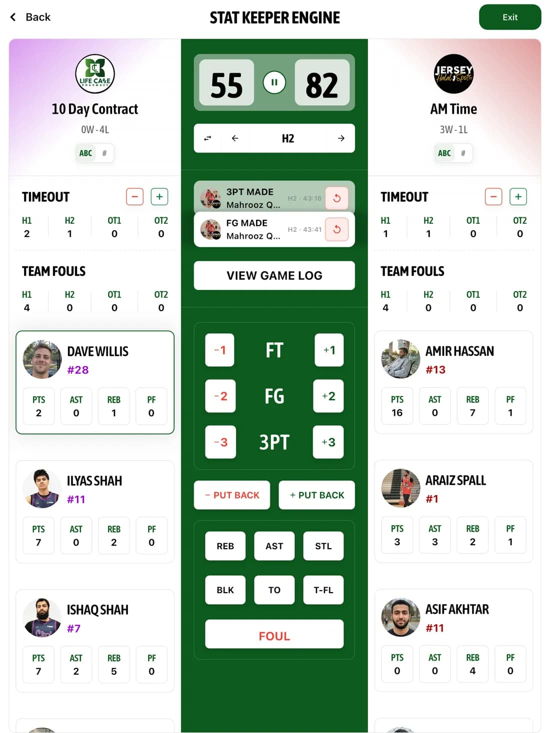 GameGrid Stat Keeper on iPad: the scorekeeper taps a player, then a make button, and the score, the player's points and the game log update