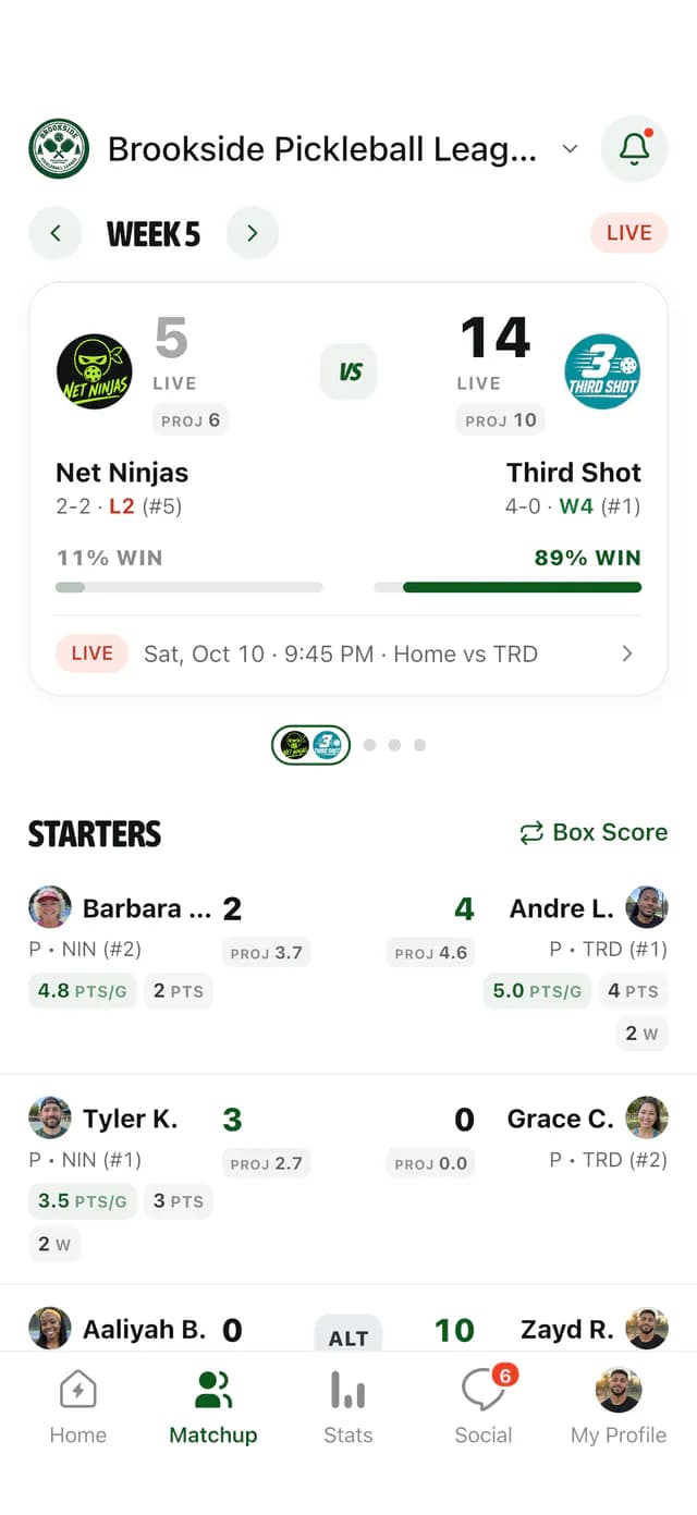 Pickleball live matchup in GameGrid