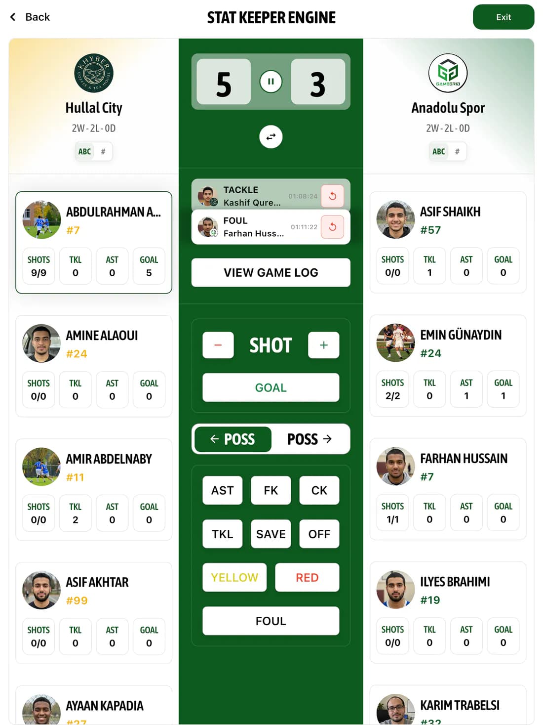 GameGrid Soccer Stat Keeper on iPad with the live score, both rosters and soccer stat buttons